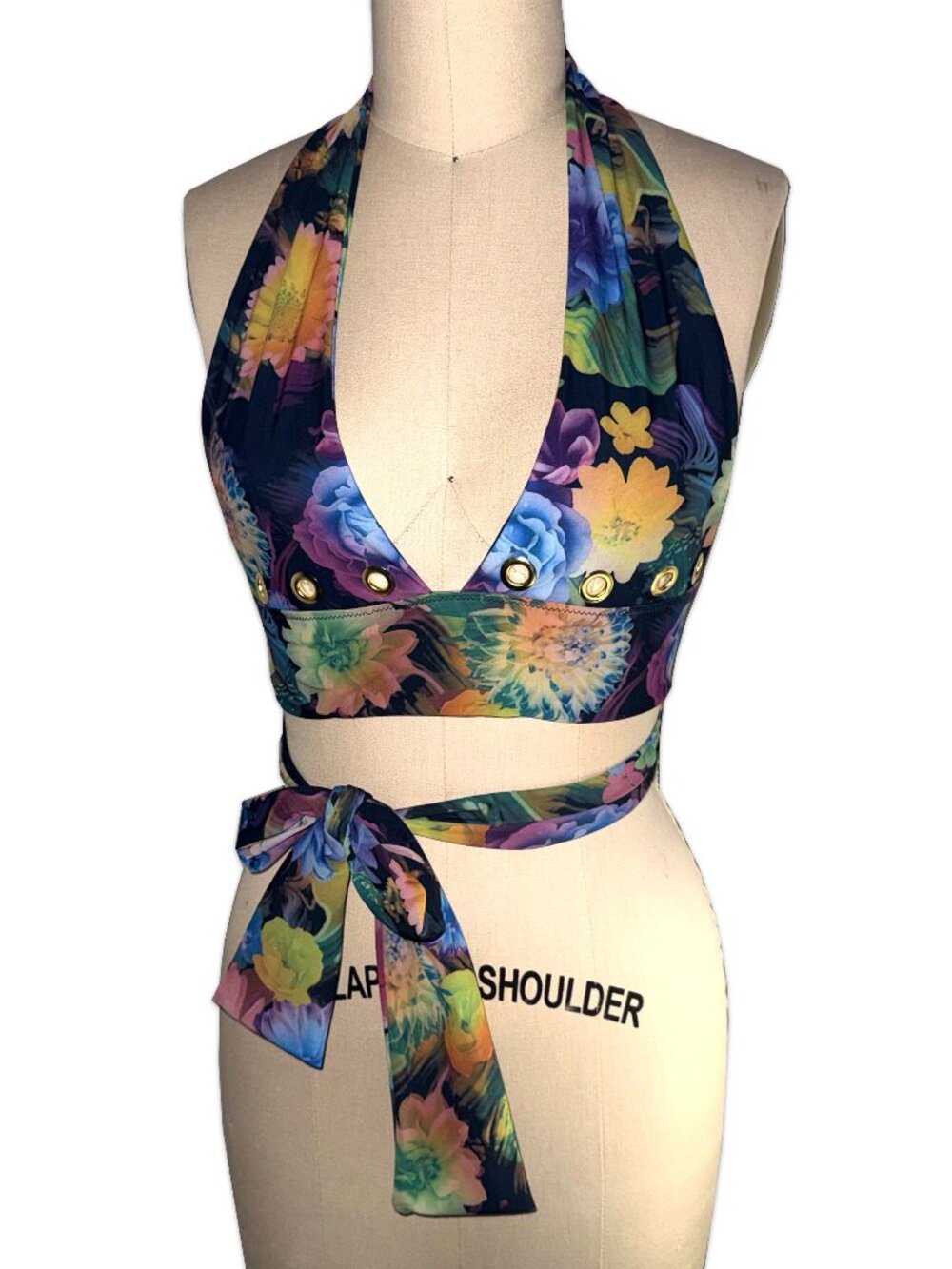 handmade floral halter bikini top with gold grommets ♡